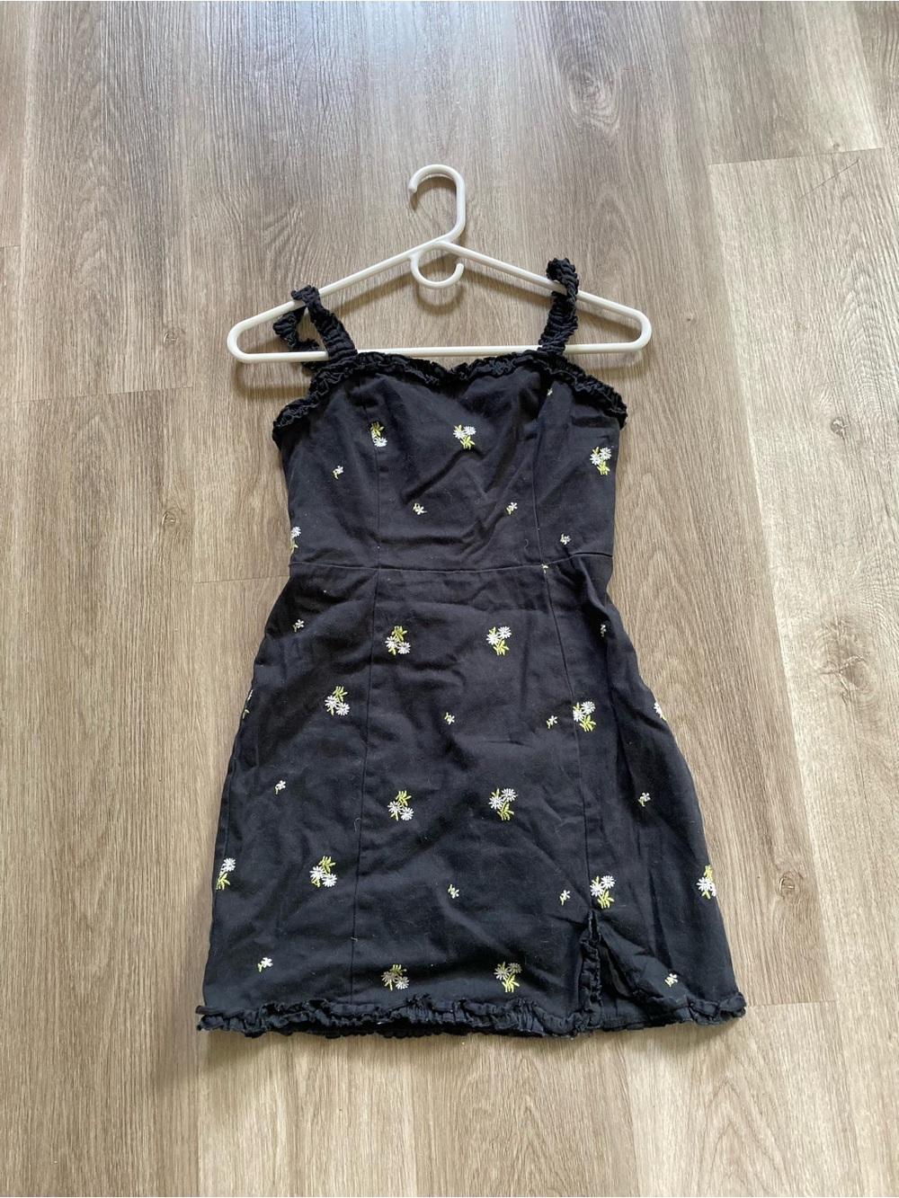 Urban Outfitters Black Floral Smocked Mini Dress with Yellow & White Embroidery